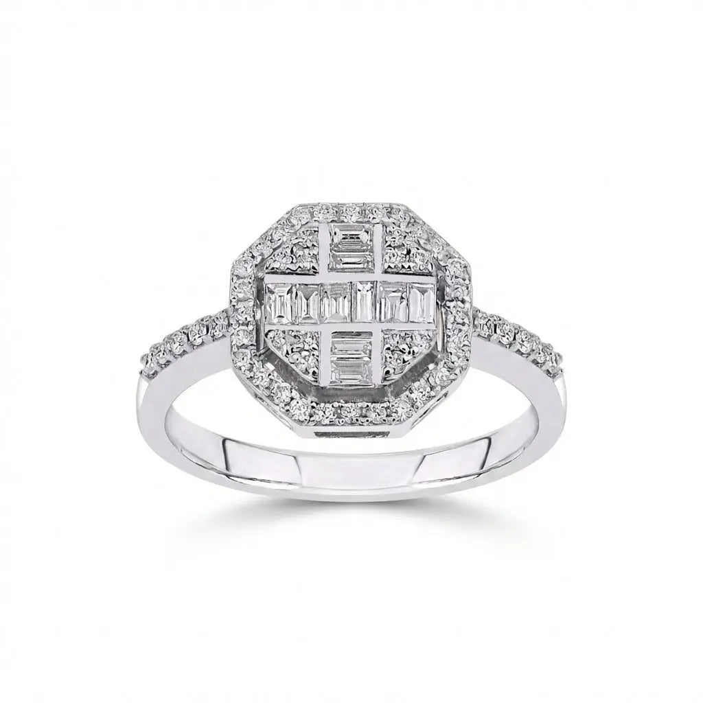 14ct/14K White Gold Natural Diamond Ring – Geometric Baguette Round Diamond Halo 0.5ct
