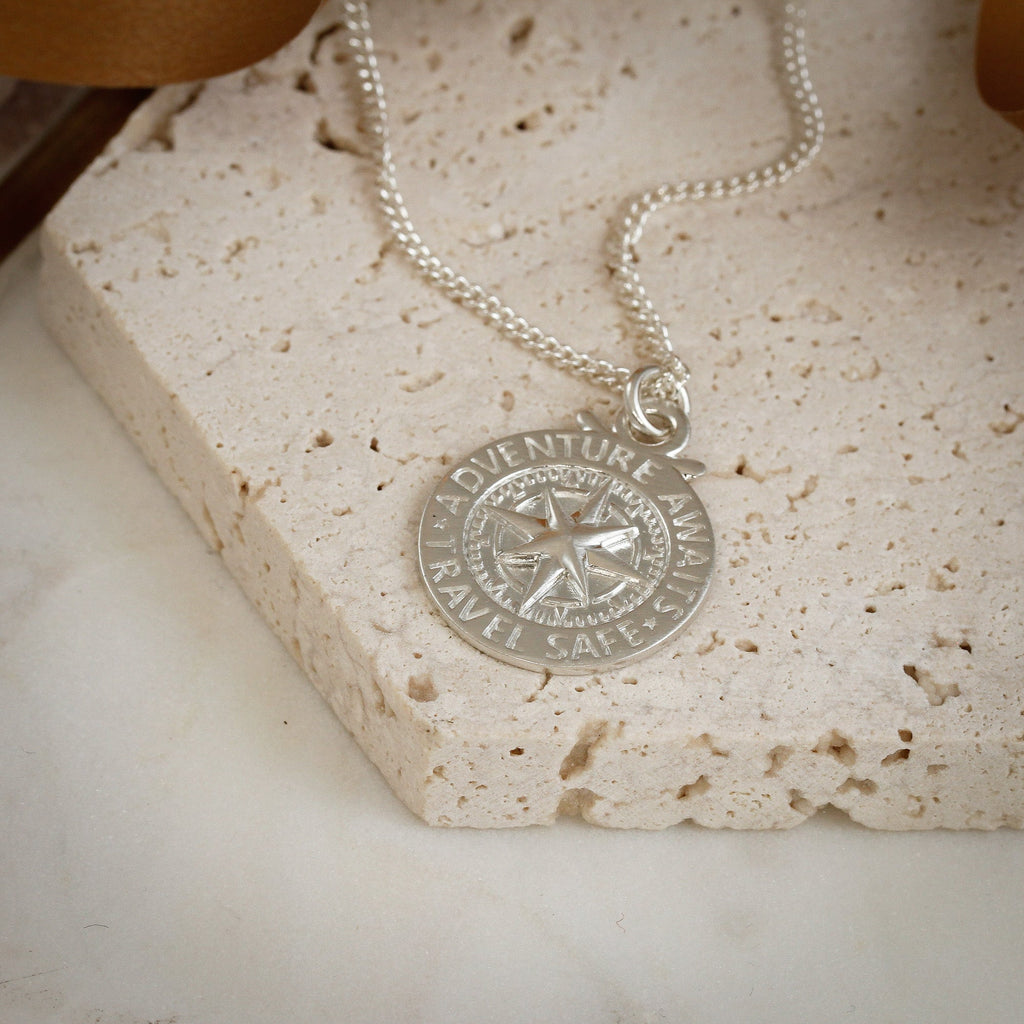 Large Travel Safe Compass Personalised St Christopher Silver Necklace