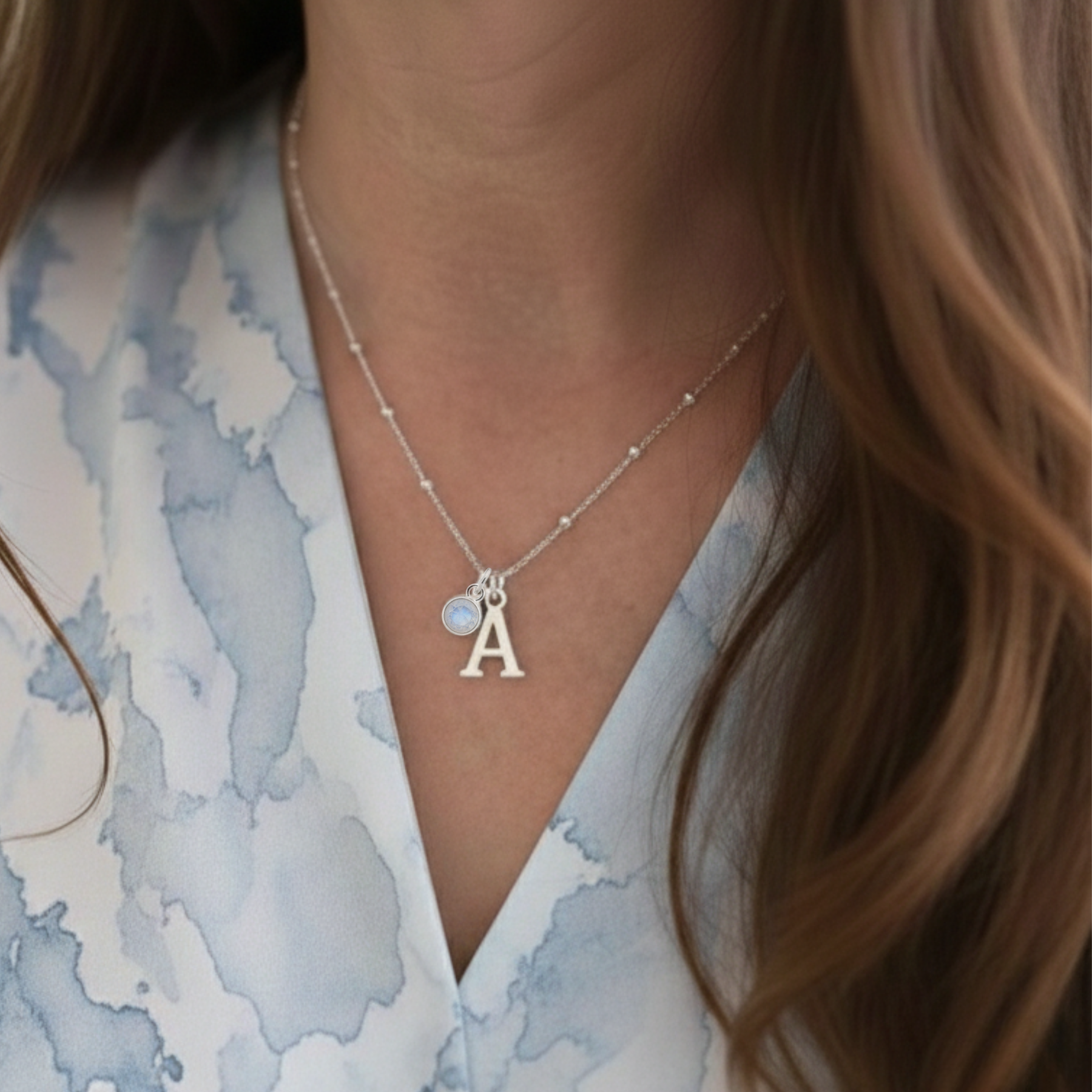 June Birthstone Necklace with Initial Charm – Moonstone Gift for Her