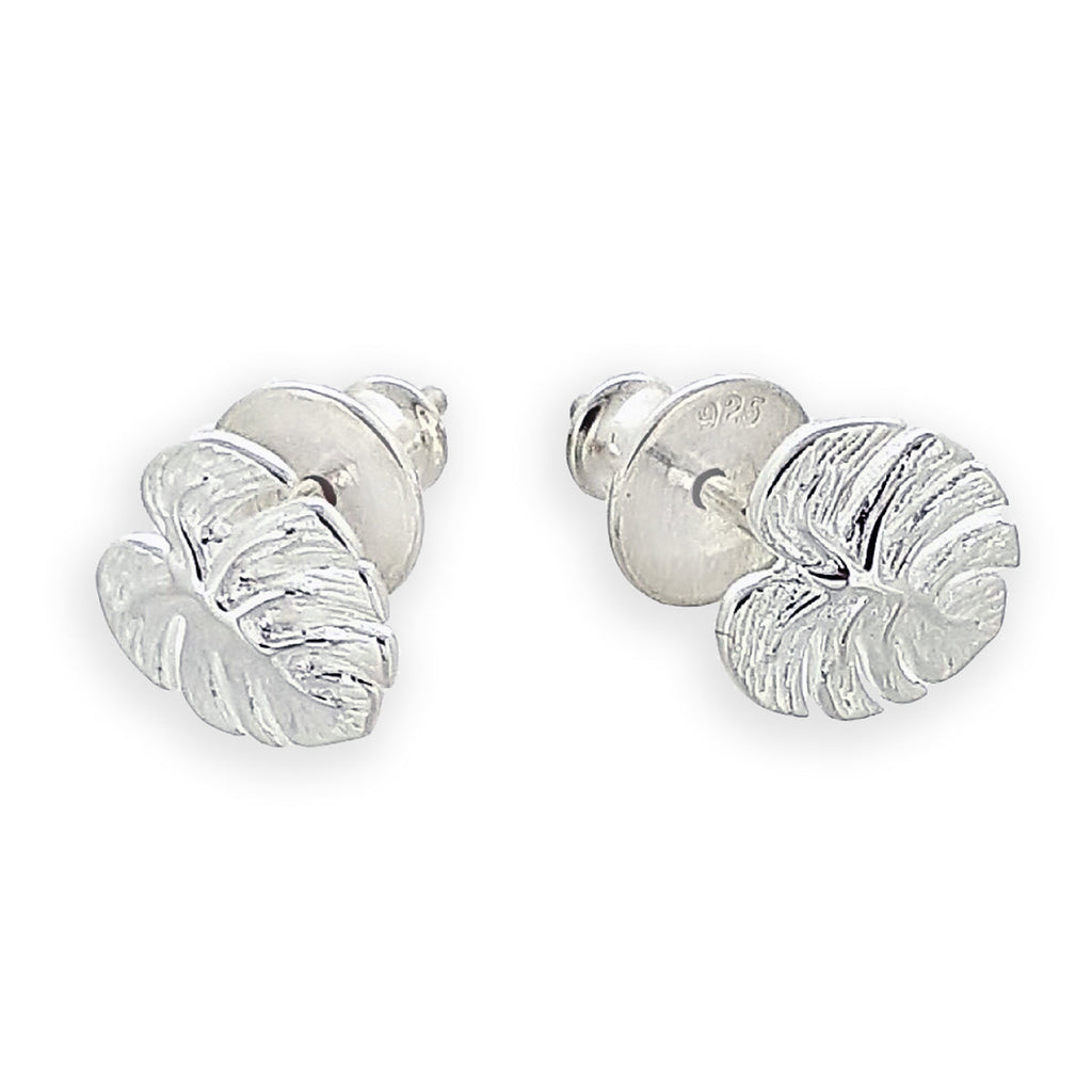 Monstera Palm Leaf Silver Stud Earrings